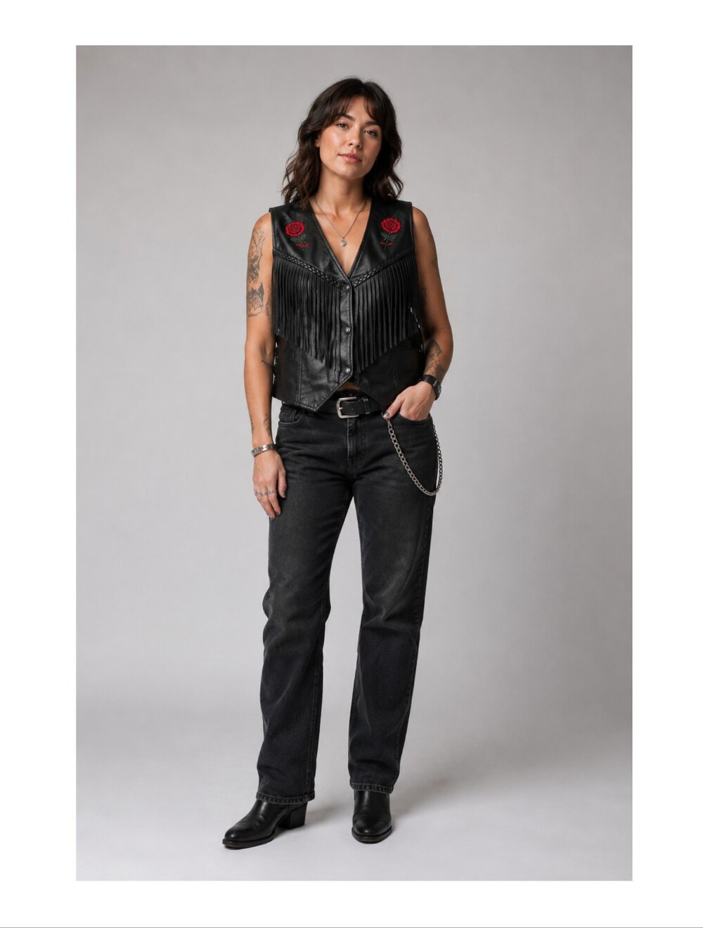 Women's Western Leather Fringe Vest Rose Concho Detail  Biker Motorcycle‎ Large